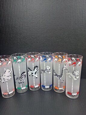 Vintage set of 6 Libbey Mid Century  Frosted Tom Collins Carousel  Glasses